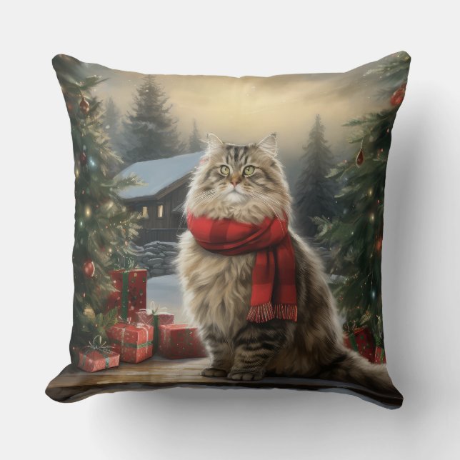 Coussin Chat de Sibérie en Noël de Neige (Recto)
