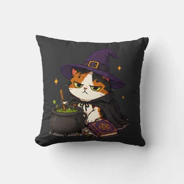 Coussin Chat de sorcière grincheux Halloween  (Recto)