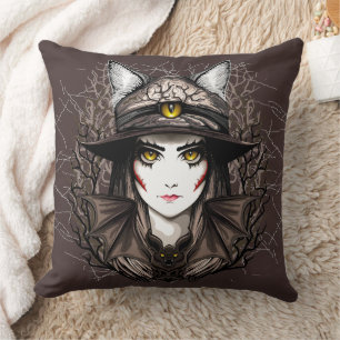 Coussin Chat de sorcière Halloween Déplaisant Portrait mig