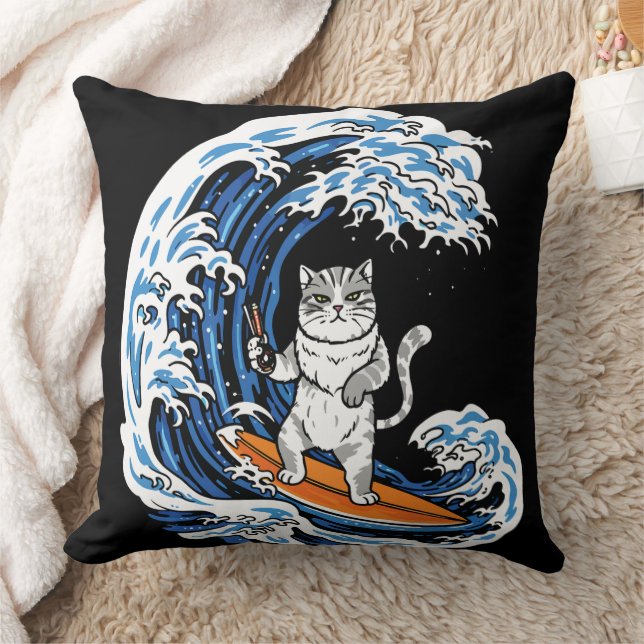 Coussin Chat de Surf sur une Vague Bleue Épique – Océan de (Couverture)
