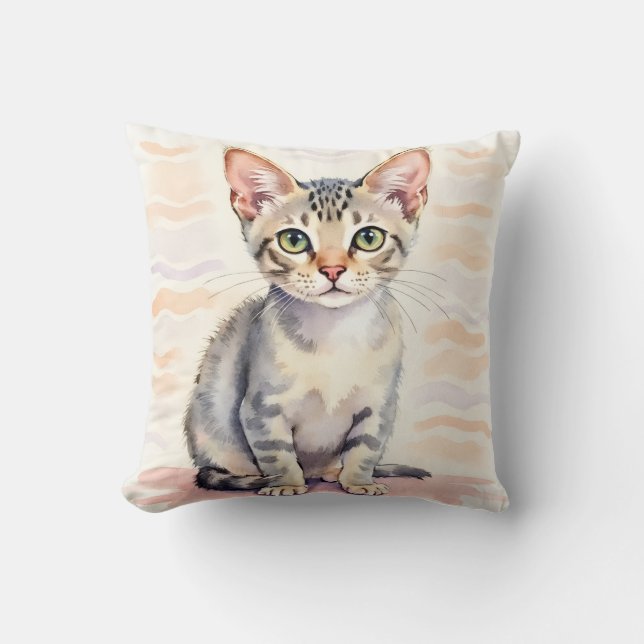 Coussin Chat Devon Rex Aquarelle Ligne Ondulée (Recto)