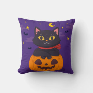 Coussin Chat d'Halloween assis sur la chauve-souris étoile