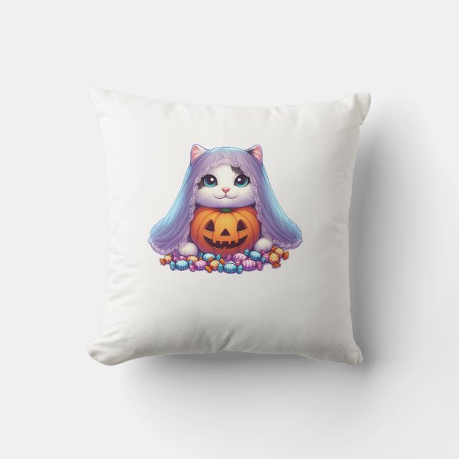 Coussin Chat d'Halloween avec Citrouille et Bonbon Manches (Recto)