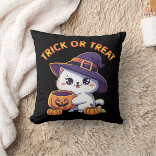 Coussin Chat d'Halloween avec Citrouille Jack O' Lantern