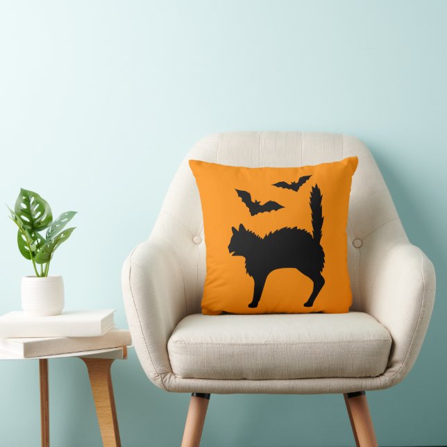 Coussin Chat d'Halloween effrayé et silhouette de chauves- (Chaise)
