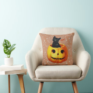 Coussin Chat d'Halloween en Citrouille