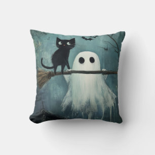 Coussin Chat d'Halloween et fantôme volent dans la chambre