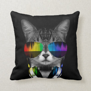 Coussin Chat DJ avec lunettes de soleil et écouteurs