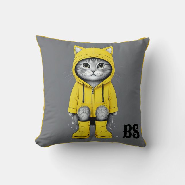 Coussin Chat drôle dans les bottes de pluie - Humour de ch (Recto)