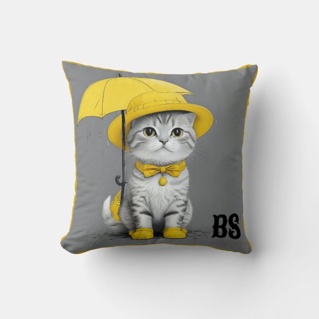 Coussin Chat drôle dans les bottes de pluie - Humour de ch (Recto)