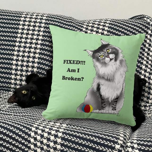 Coussin Chat drôle et duveteux Maine Coon humour vert (Créateur téléchargé)