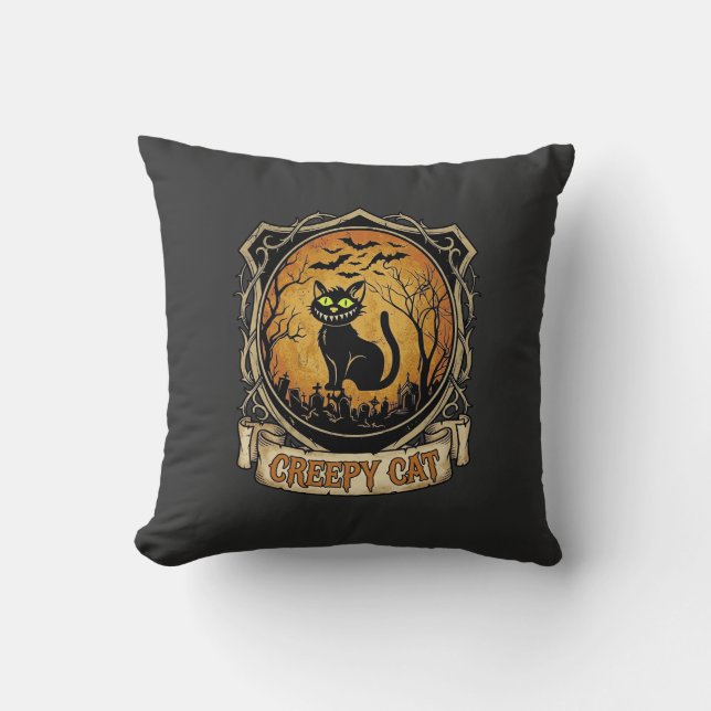 Coussin Chat effrayant Halloween Chauve-souris de cimetièr (Recto)