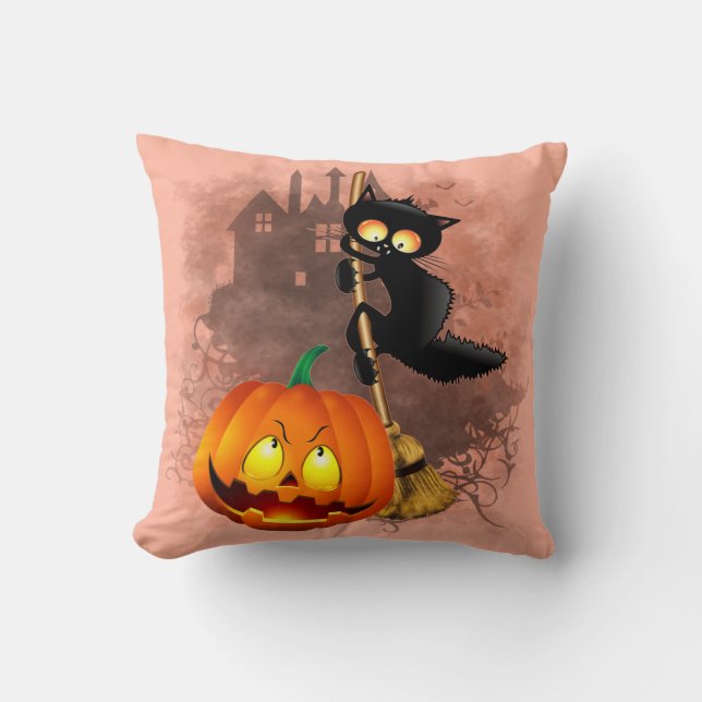 Coussin Chat effrayé par Citrouille Fun Halloween caractèr (Recto)