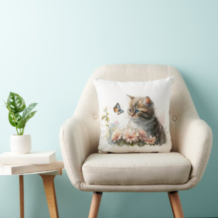 Coussin Chat en Jardin avec Papillon