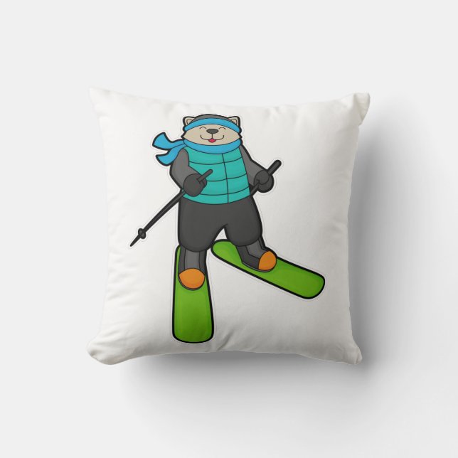 Coussin Chat en Skier avec Ski (Recto)