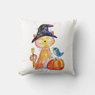 Coussin Chat en sorcière blanc mignon avec Citrouille
