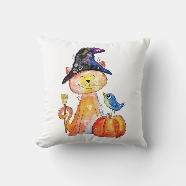 Coussin Chat en sorcière blanc mignon avec Citrouille (Recto)