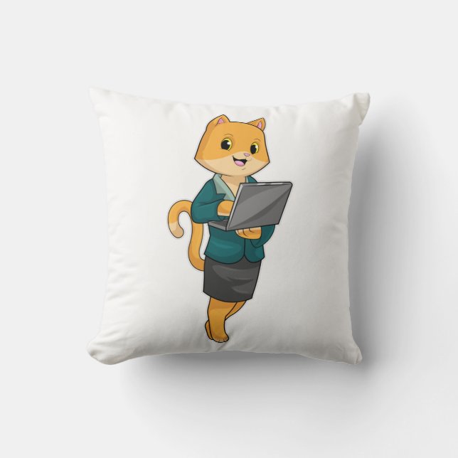 Coussin Chat en tant que secrétaire avec ordinateur portab (Recto)