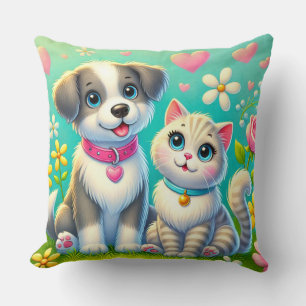 Coussin Chat et chien de dessin animé mignons assis ensemb