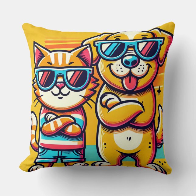 Coussin Chat et chien en lunettes de soleil posant ensembl (Recto)
