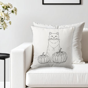 Coussin Chat Et Citrouille Minimale Ligne Art Automne