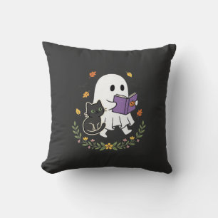Coussin Chat fantôme d'Halloween lisant un livre floral De