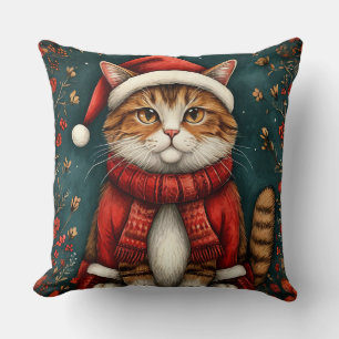 Coussin Chat festif portant un chapeau et une écharpe de P