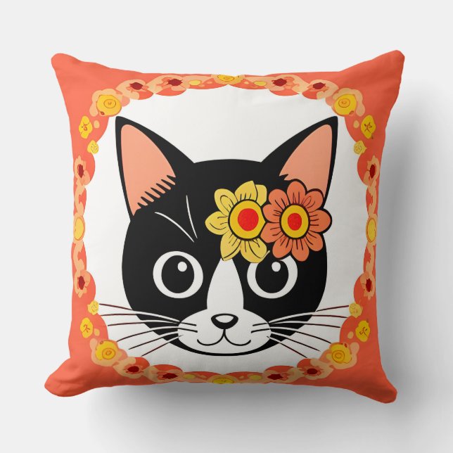 Coussin Chat Floral Élégant Style Maison Fleurir (Recto)