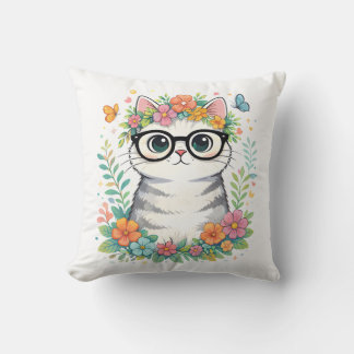 Coussin Chat Floral Mignon avec Lunettes