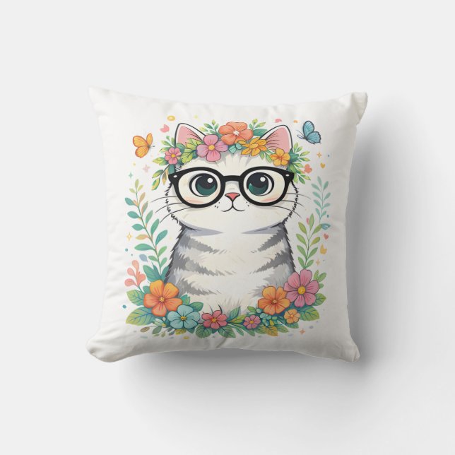 Coussin Chat Floral Mignon avec Lunettes (Recto)