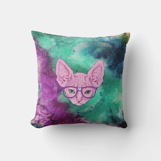 Coussin Chat Geeky drôle sur l'aquarelle Backgroun (Recto)