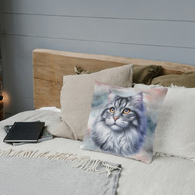 Coussin Chat gracieux à longs poils en aquarelle (Créateur téléchargé)