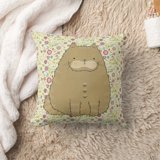 Coussin Chat gras sur les fleurs d'art populaire (Couverture)