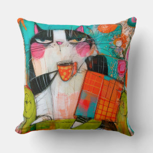 Coussin Chat grincheux buvant du café dans un fauteuil