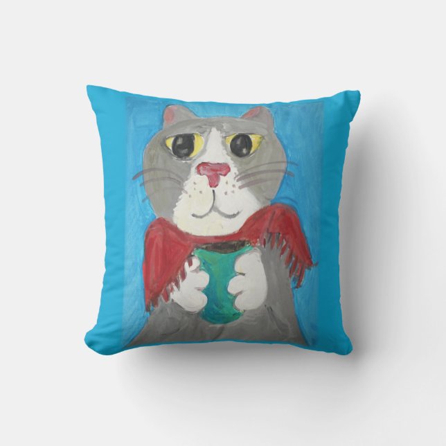 Coussin Chat gris peint avec café Folk Art amusant (Recto)