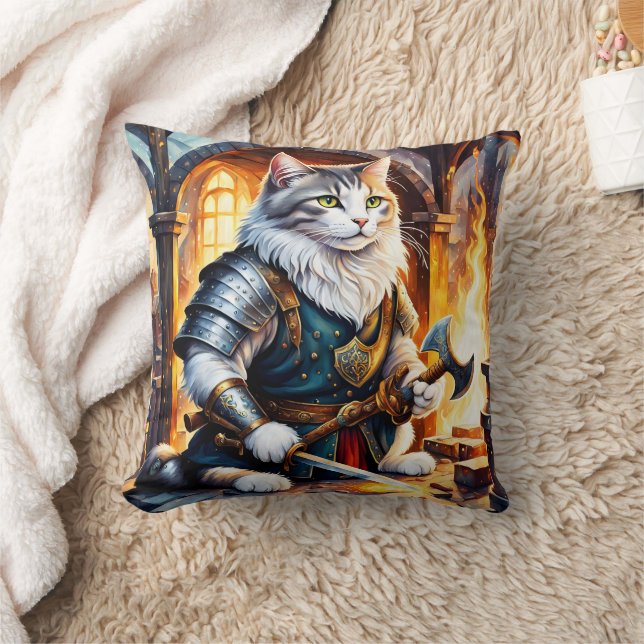 Coussin Chat guerrier en armure par Flickering Flame (Couverture)
