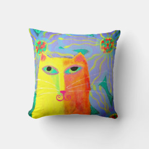 Coussin Chat jaune avec fleurs Art Abstrait