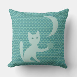 Coussin Chat Jouer avec la Lune et les étoiles Turquoise