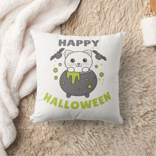 Coussin Chat Joyeux Halloween Cauldron Bat