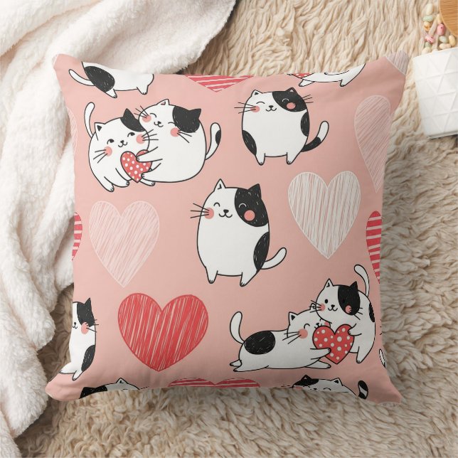Coussin Chat Kawaii & Cœurs Motif de la Saint-Valentin (6) (Couverture)