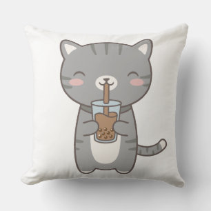 Coussin Chat Kawaii Gris Mignon Thé au Lait aux Perles de