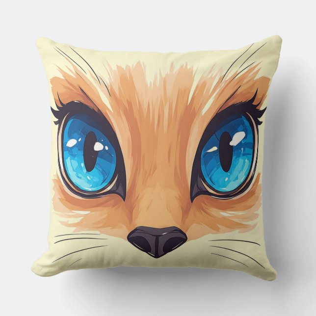 Coussin Chat Kawaii Gros Yeux Bleus Illustra D'Animal Mign (Recto)