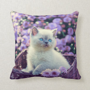 Coussin Chat Kitten Bleu Oyé En Panier Avec Fleurs Lilac