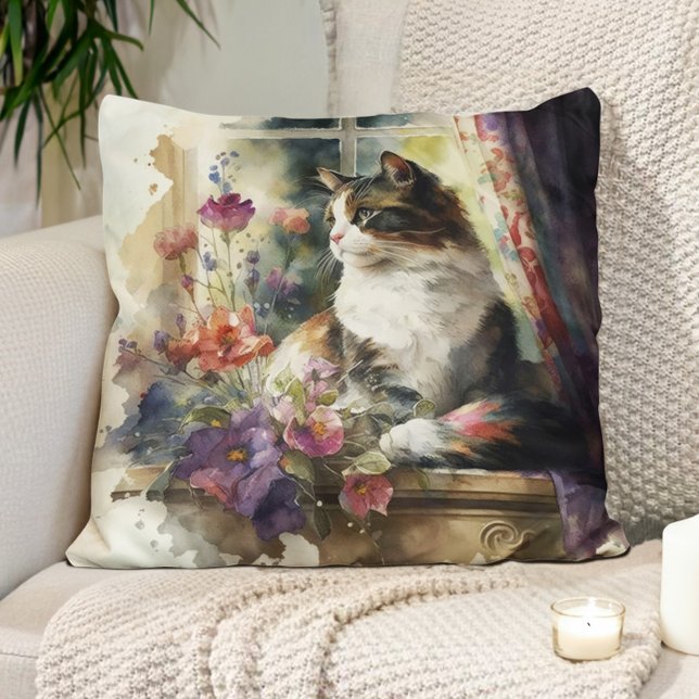 Coussin Chat Kitten Fleurs violettes Fenêtre Lumière du so (Pillow with the watercolor painting of a cat sitting in the sunshine)