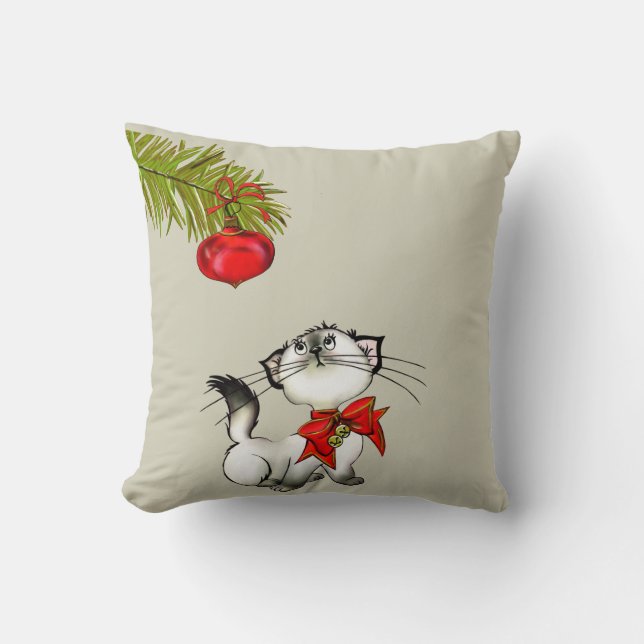 Coussin Chat Kitty En Jeu Dans Une Bow De Noël Rouge (Recto)