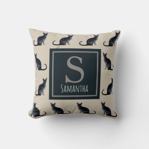 Coussin Chat Lady Taupe Aquarelle Noir Kitty Motif