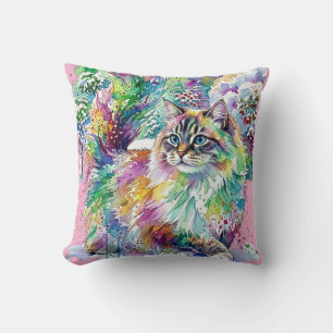 Coussin Chat Licorne Arc-en-Ciel Aquarelle Fluffy en Hiver