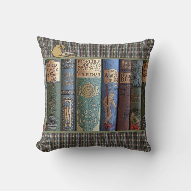 Coussin Chat littéraire vintage de collecteur de livre (Recto)