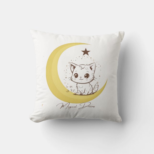 Coussin Chat Magique Mignon sur Rêves Étoilés de Lune - Ro (Recto)