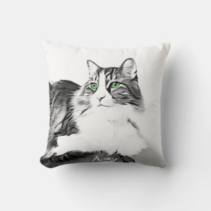 Coussin Chat magnifique aux yeux verts stylisé main peint